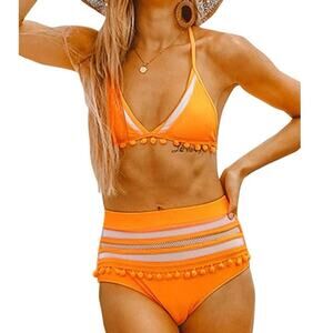Flygo Women’s Mesh High-Waisted Bikini Set Tassel Trim Halter Top Size Med NWOT